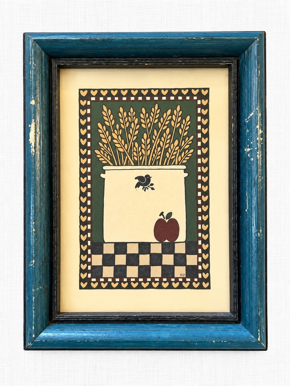 Vintage Primitive Folk Art Wheat & Apple Print | Distressed Blue Wood Frame